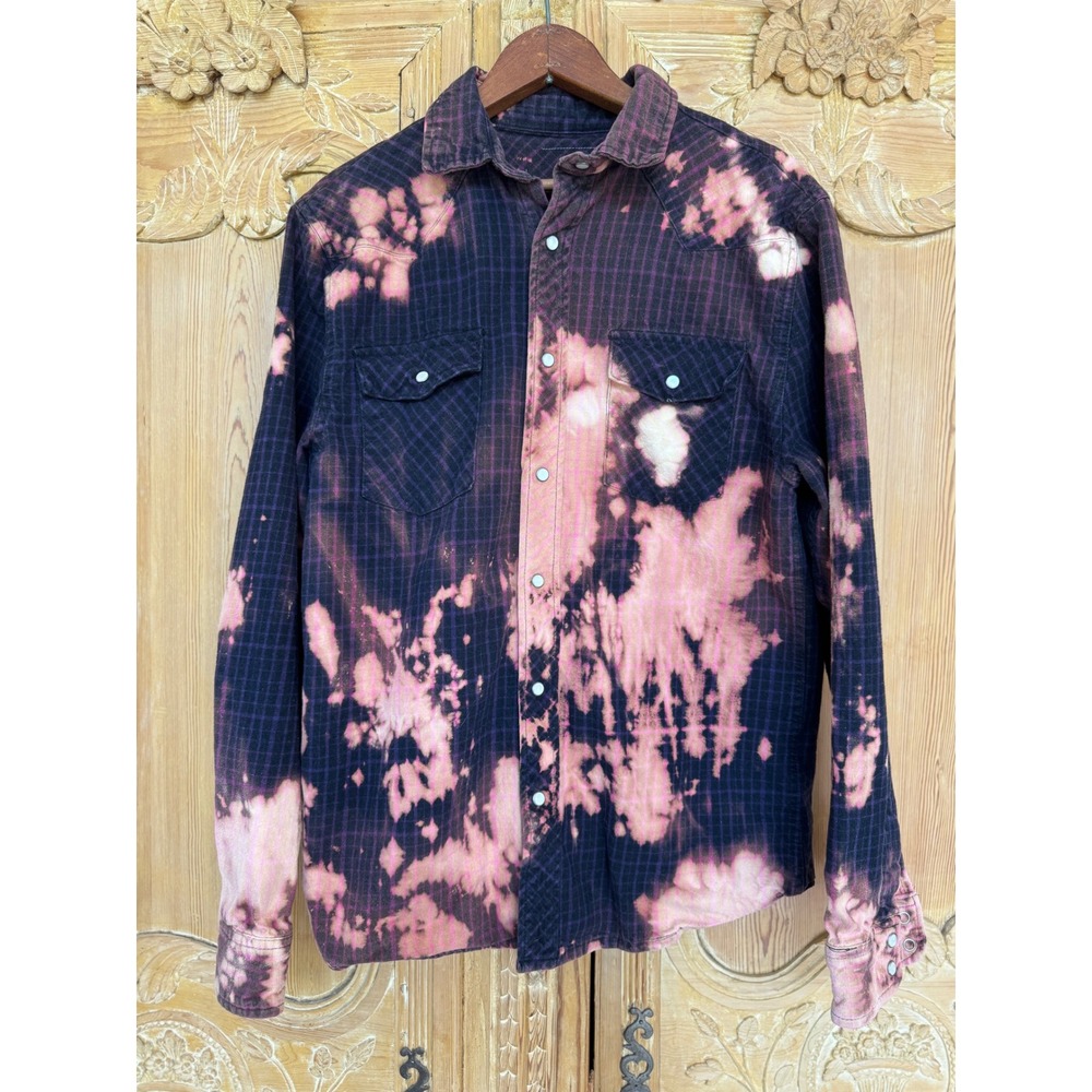 Bleach Dyed Western Flannel Sacred Heart Patch Shirt M/L - Picture 4 of 8